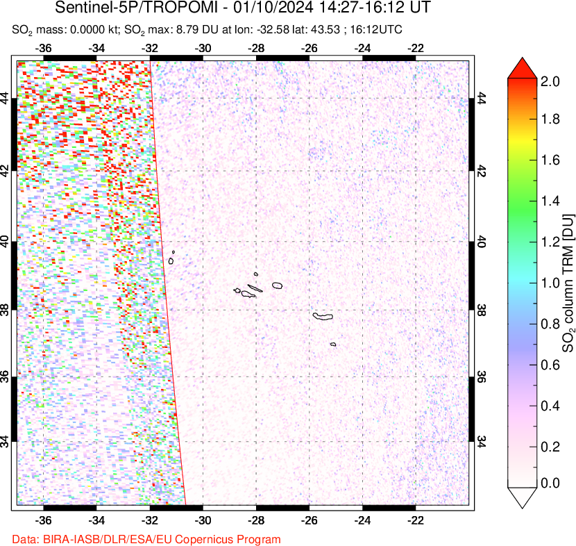 A sulfur dioxide image over Azore Islands, Portugal on Jan 10, 2024.