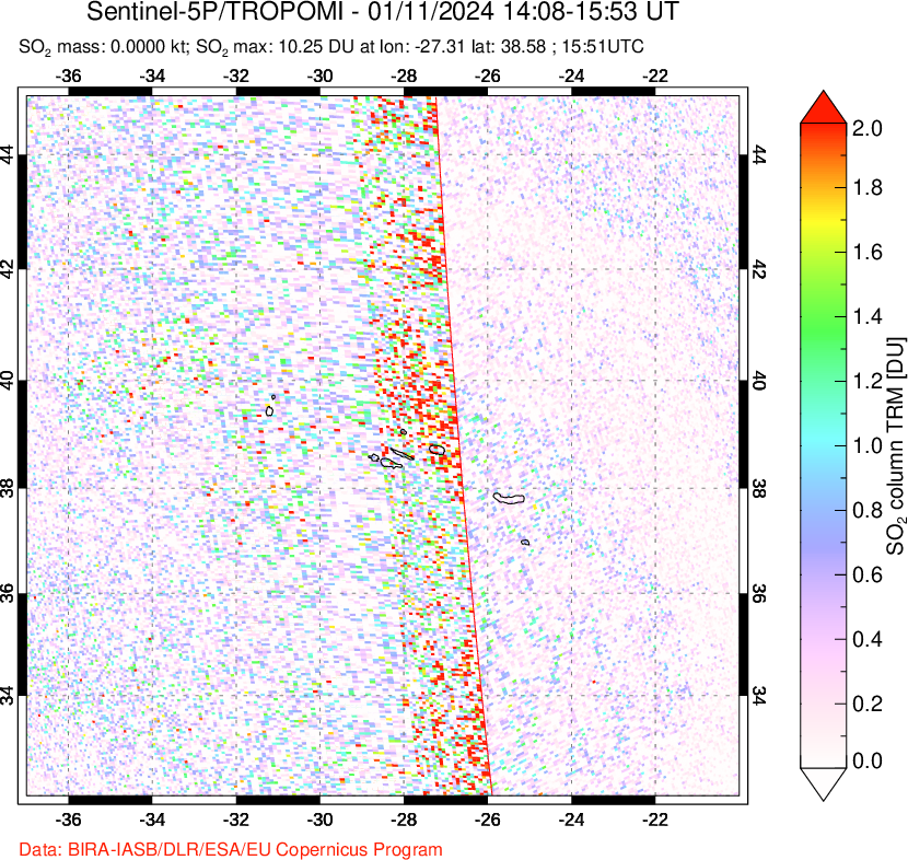 A sulfur dioxide image over Azore Islands, Portugal on Jan 11, 2024.