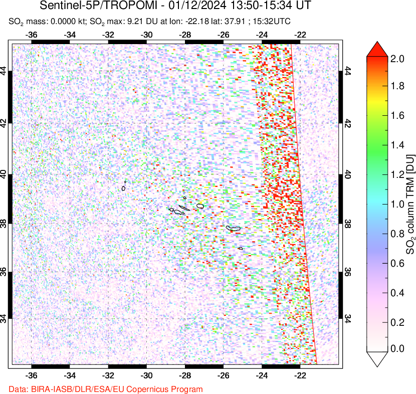 A sulfur dioxide image over Azore Islands, Portugal on Jan 12, 2024.