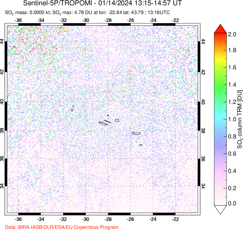 A sulfur dioxide image over Azore Islands, Portugal on Jan 14, 2024.