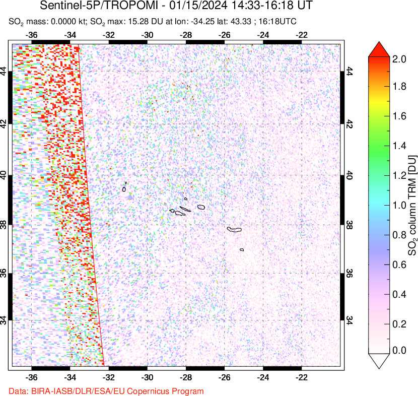 A sulfur dioxide image over Azore Islands, Portugal on Jan 15, 2024.