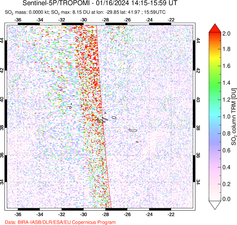 A sulfur dioxide image over Azore Islands, Portugal on Jan 16, 2024.