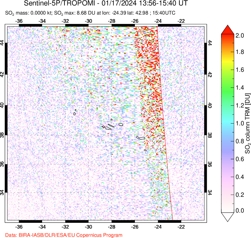 A sulfur dioxide image over Azore Islands, Portugal on Jan 17, 2024.