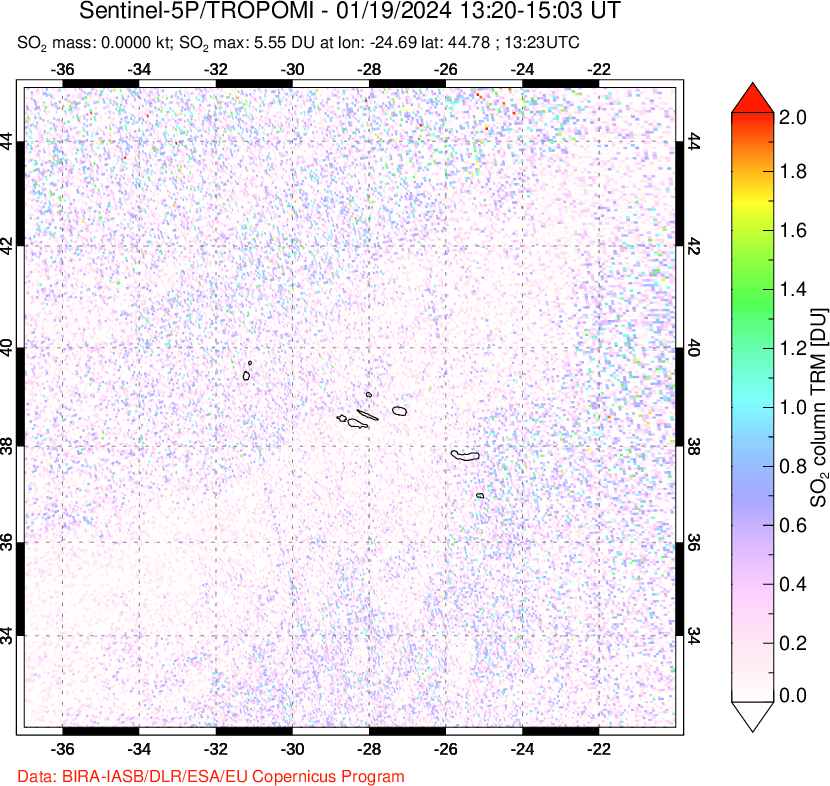 A sulfur dioxide image over Azore Islands, Portugal on Jan 19, 2024.