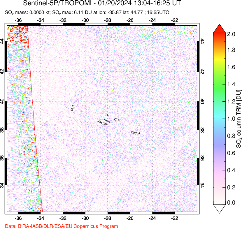 A sulfur dioxide image over Azore Islands, Portugal on Jan 20, 2024.