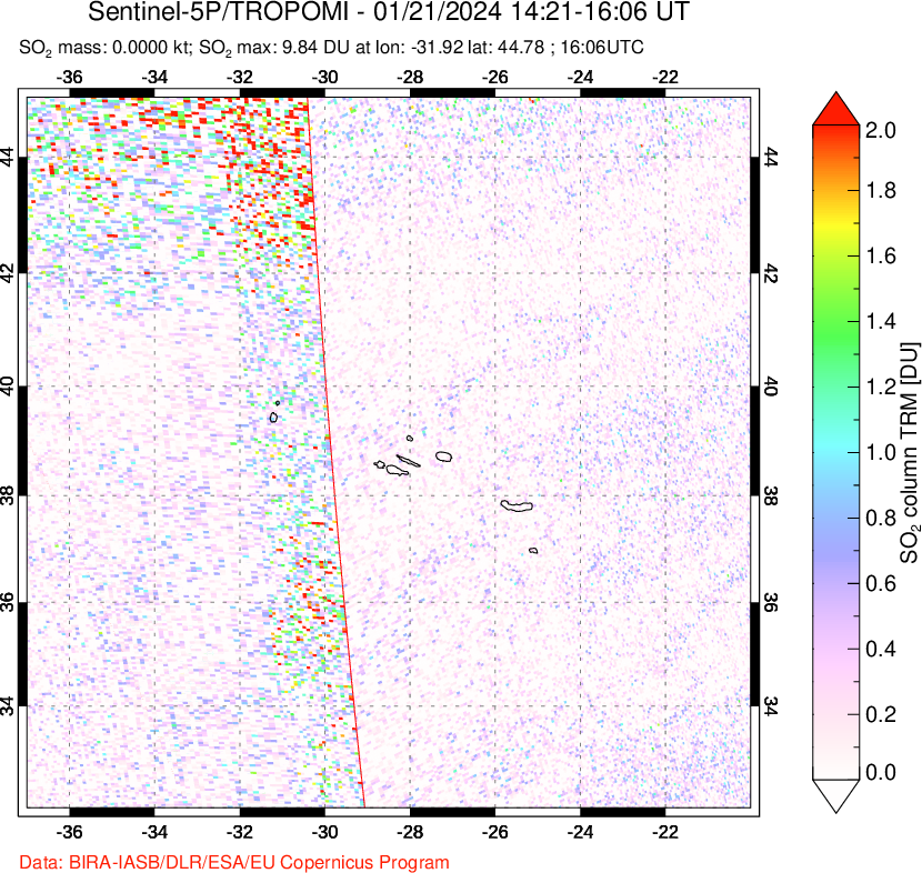 A sulfur dioxide image over Azore Islands, Portugal on Jan 21, 2024.