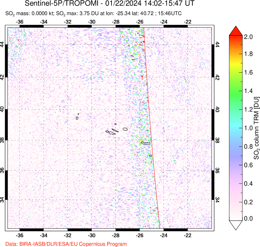 A sulfur dioxide image over Azore Islands, Portugal on Jan 22, 2024.