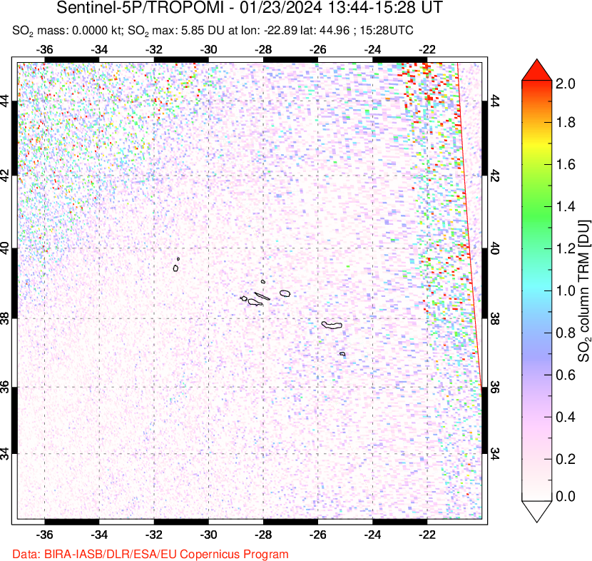 A sulfur dioxide image over Azore Islands, Portugal on Jan 23, 2024.