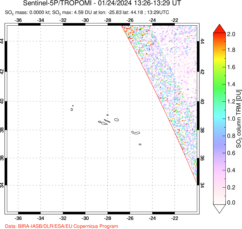 A sulfur dioxide image over Azore Islands, Portugal on Jan 24, 2024.