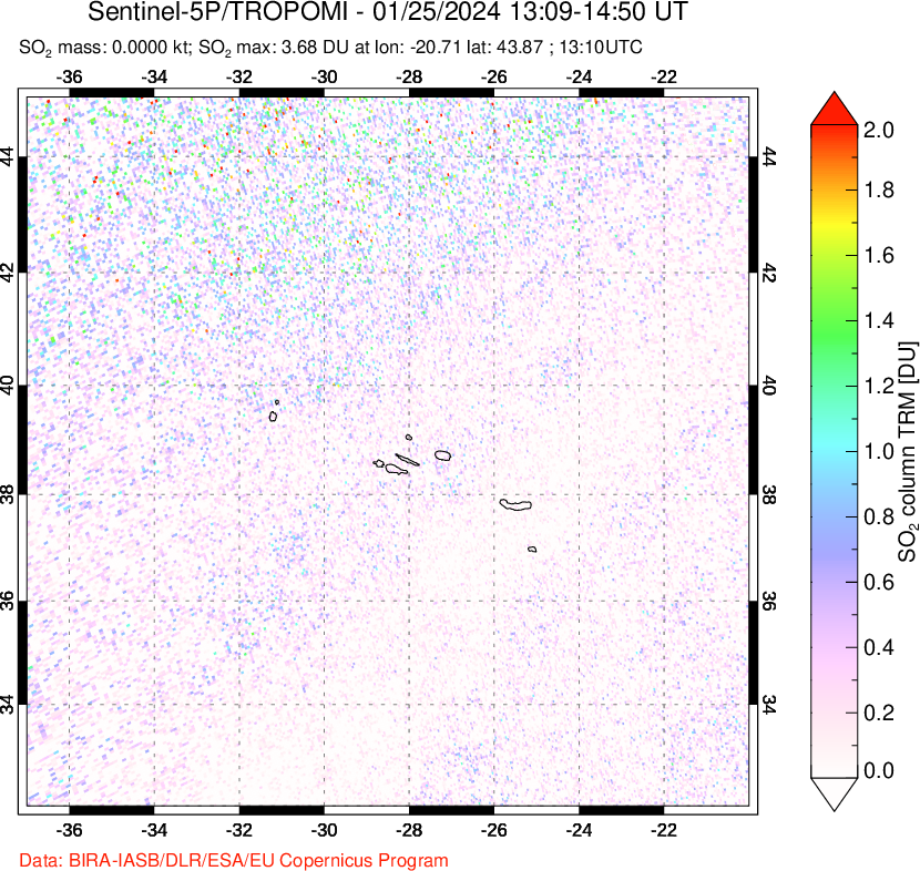 A sulfur dioxide image over Azore Islands, Portugal on Jan 25, 2024.