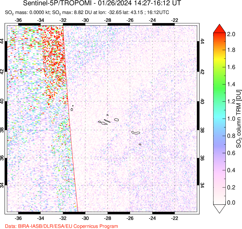 A sulfur dioxide image over Azore Islands, Portugal on Jan 26, 2024.