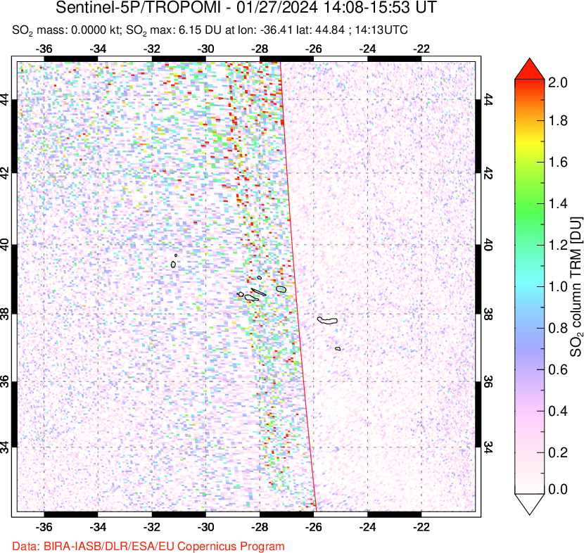 A sulfur dioxide image over Azore Islands, Portugal on Jan 27, 2024.