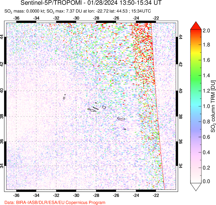 A sulfur dioxide image over Azore Islands, Portugal on Jan 28, 2024.