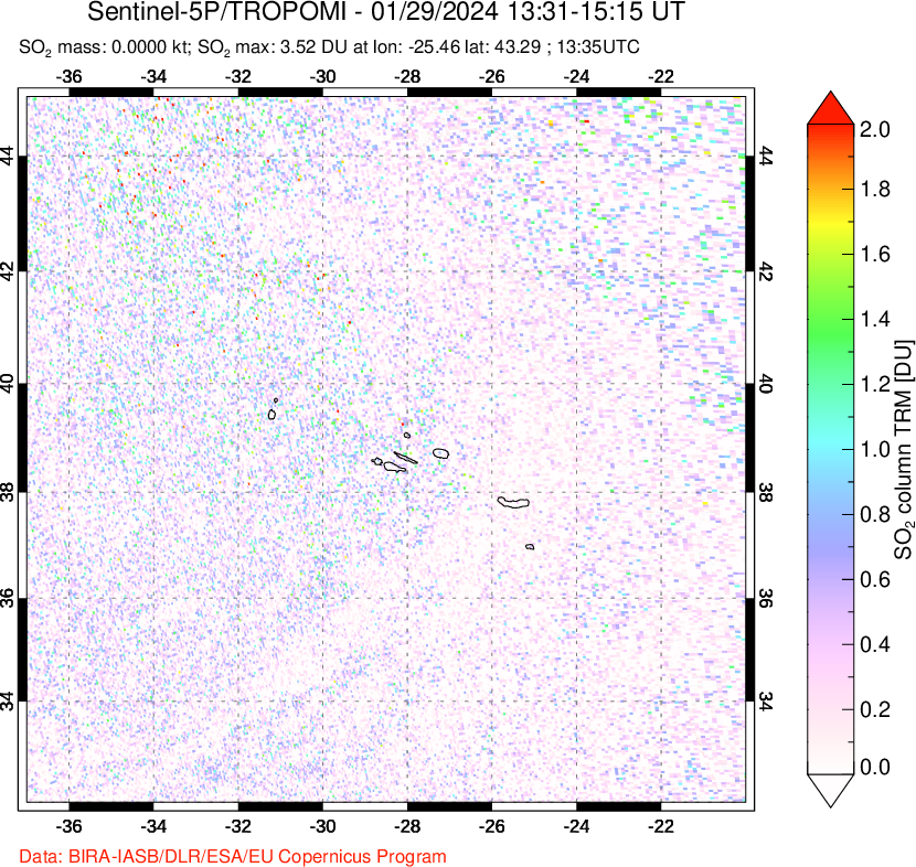 A sulfur dioxide image over Azore Islands, Portugal on Jan 29, 2024.