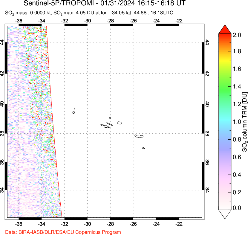 A sulfur dioxide image over Azore Islands, Portugal on Jan 31, 2024.