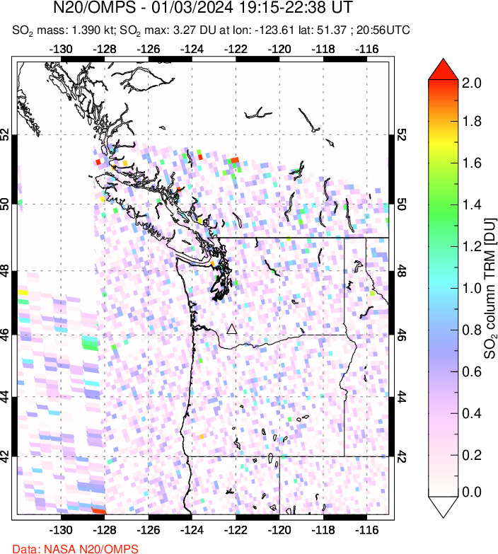 A sulfur dioxide image over Cascade Range, USA on Jan 03, 2024.