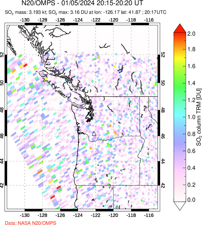 A sulfur dioxide image over Cascade Range, USA on Jan 05, 2024.