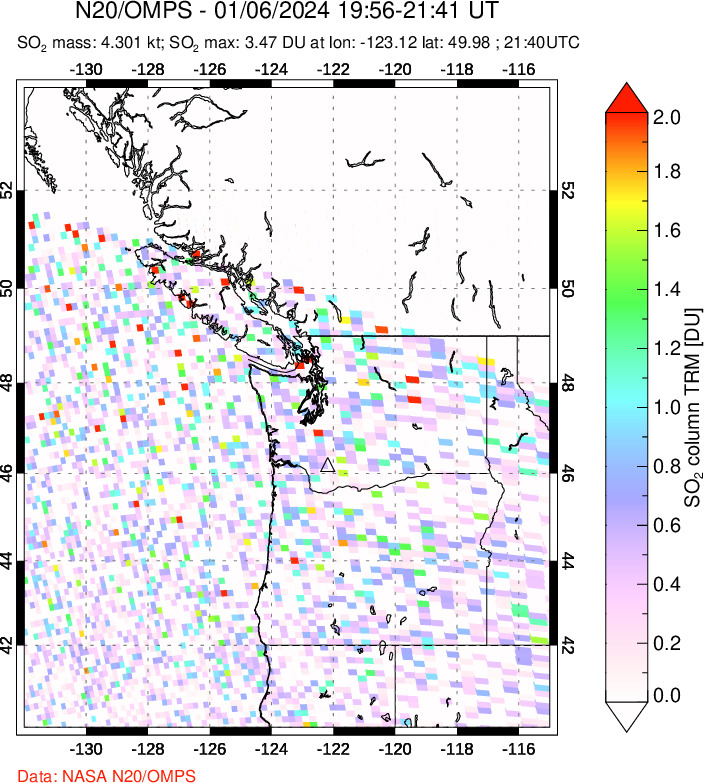 A sulfur dioxide image over Cascade Range, USA on Jan 06, 2024.