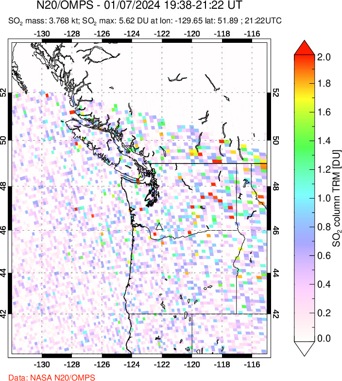 A sulfur dioxide image over Cascade Range, USA on Jan 07, 2024.