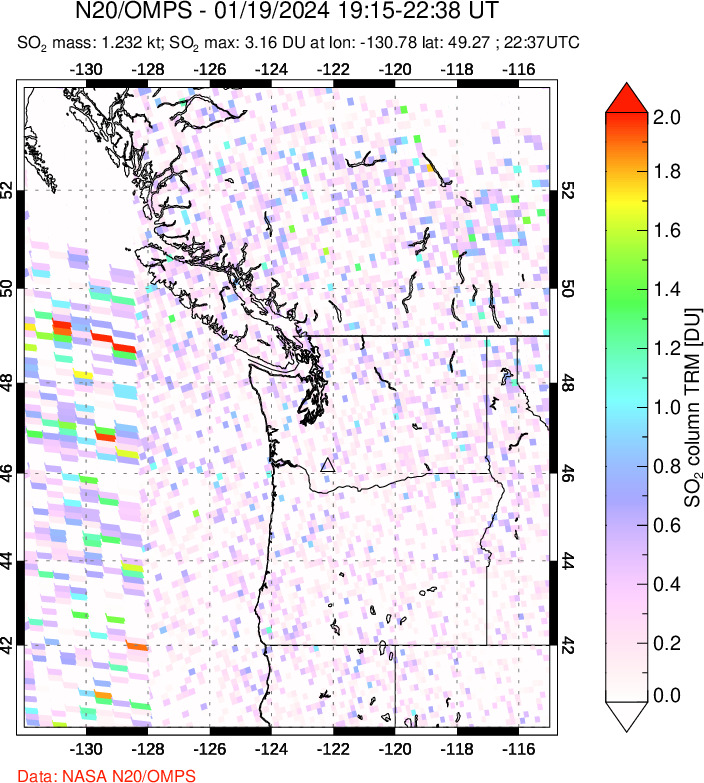 A sulfur dioxide image over Cascade Range, USA on Jan 19, 2024.