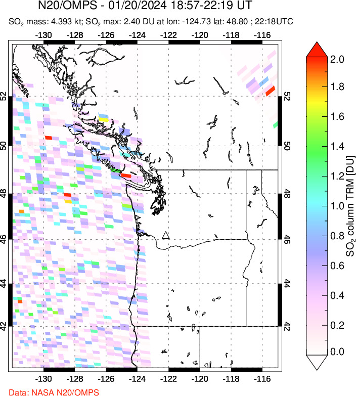 A sulfur dioxide image over Cascade Range, USA on Jan 20, 2024.