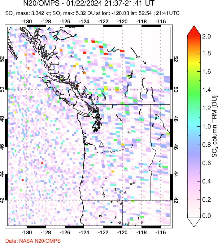 A sulfur dioxide image over Cascade Range, USA on Jan 22, 2024.