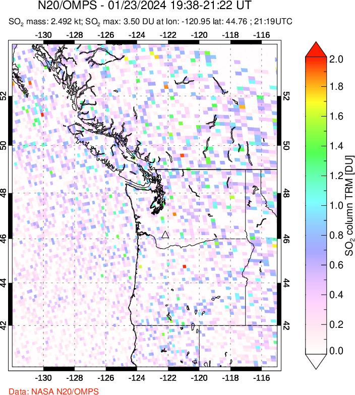 A sulfur dioxide image over Cascade Range, USA on Jan 23, 2024.