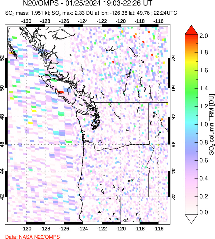 A sulfur dioxide image over Cascade Range, USA on Jan 25, 2024.