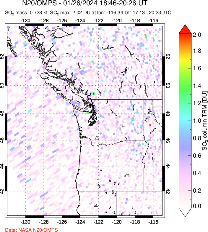 A sulfur dioxide image over Cascade Range, USA on Jan 26, 2024.