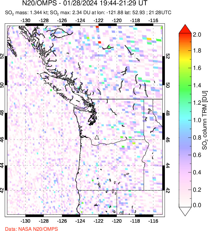 A sulfur dioxide image over Cascade Range, USA on Jan 28, 2024.