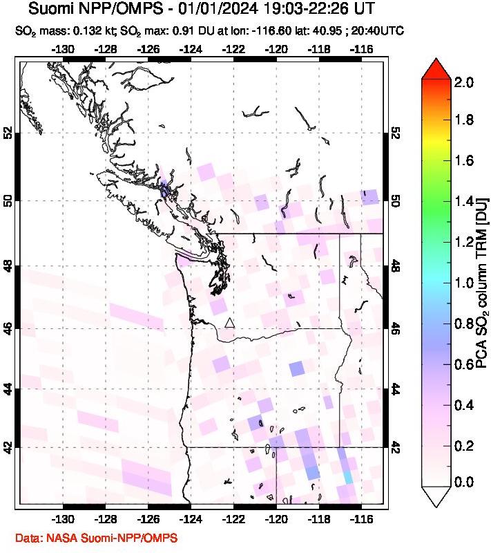 A sulfur dioxide image over Cascade Range, USA on Jan 01, 2024.