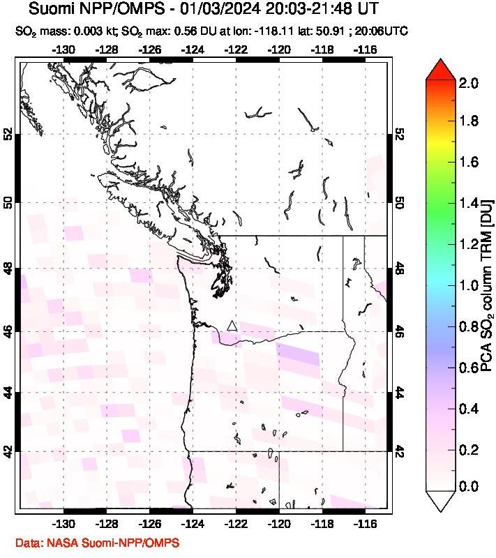 A sulfur dioxide image over Cascade Range, USA on Jan 03, 2024.