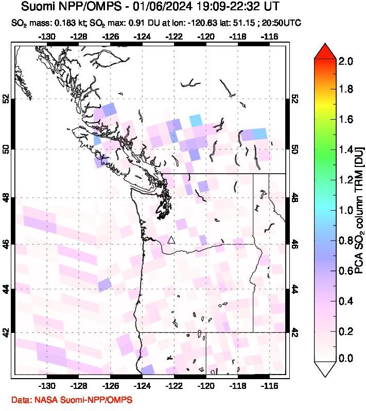 A sulfur dioxide image over Cascade Range, USA on Jan 06, 2024.