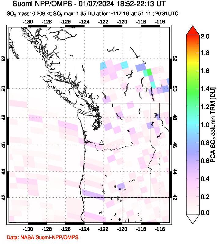 A sulfur dioxide image over Cascade Range, USA on Jan 07, 2024.