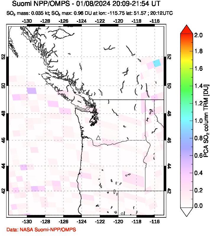 A sulfur dioxide image over Cascade Range, USA on Jan 08, 2024.