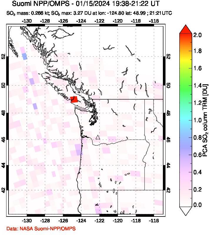 A sulfur dioxide image over Cascade Range, USA on Jan 15, 2024.