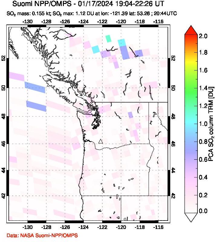 A sulfur dioxide image over Cascade Range, USA on Jan 17, 2024.