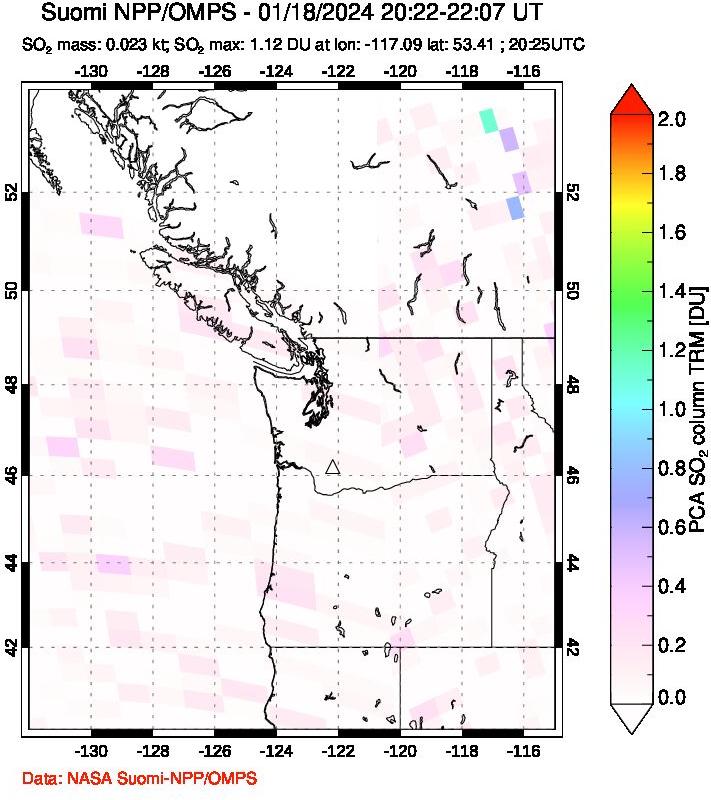 A sulfur dioxide image over Cascade Range, USA on Jan 18, 2024.