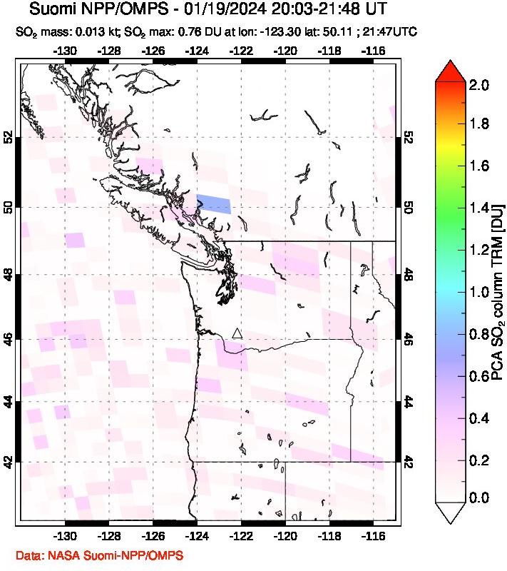 A sulfur dioxide image over Cascade Range, USA on Jan 19, 2024.