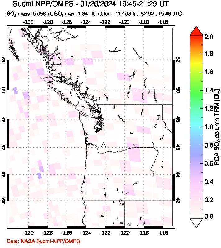 A sulfur dioxide image over Cascade Range, USA on Jan 20, 2024.