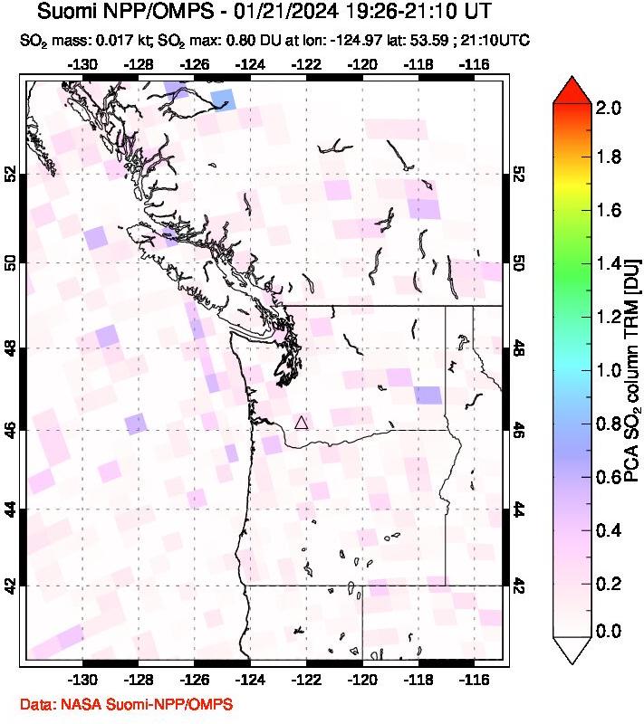 A sulfur dioxide image over Cascade Range, USA on Jan 21, 2024.