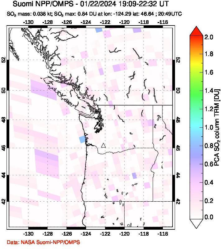 A sulfur dioxide image over Cascade Range, USA on Jan 22, 2024.