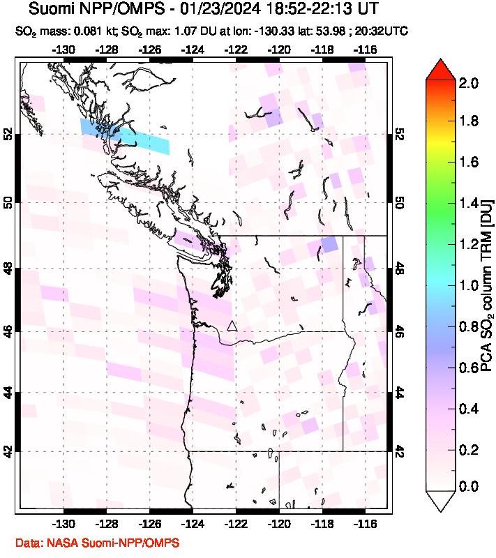 A sulfur dioxide image over Cascade Range, USA on Jan 23, 2024.