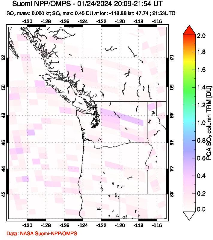 A sulfur dioxide image over Cascade Range, USA on Jan 24, 2024.