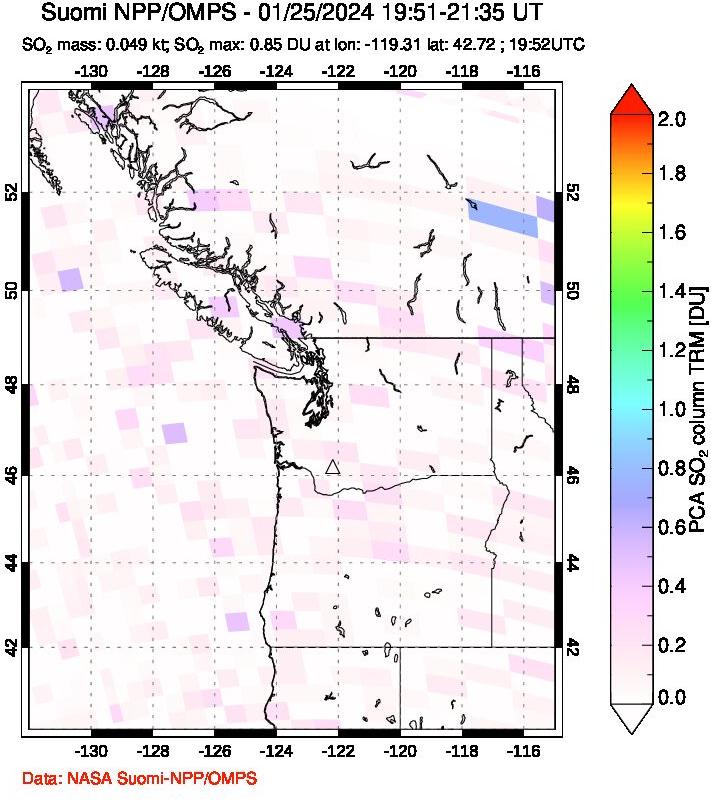 A sulfur dioxide image over Cascade Range, USA on Jan 25, 2024.