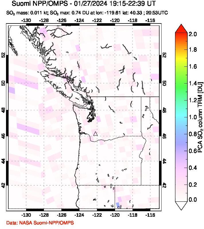 A sulfur dioxide image over Cascade Range, USA on Jan 27, 2024.