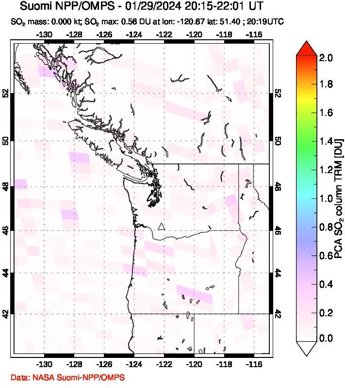 A sulfur dioxide image over Cascade Range, USA on Jan 29, 2024.