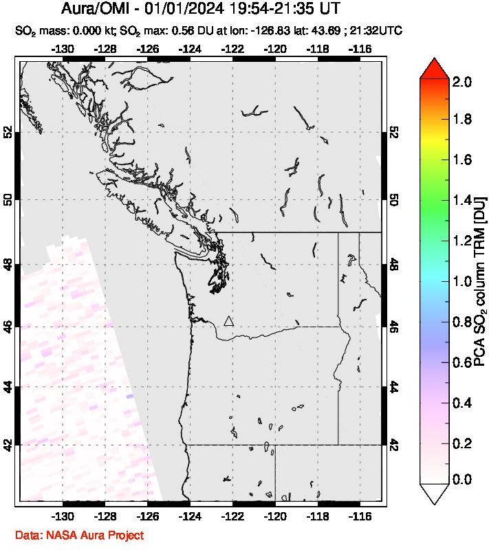 A sulfur dioxide image over Cascade Range, USA on Jan 01, 2024.