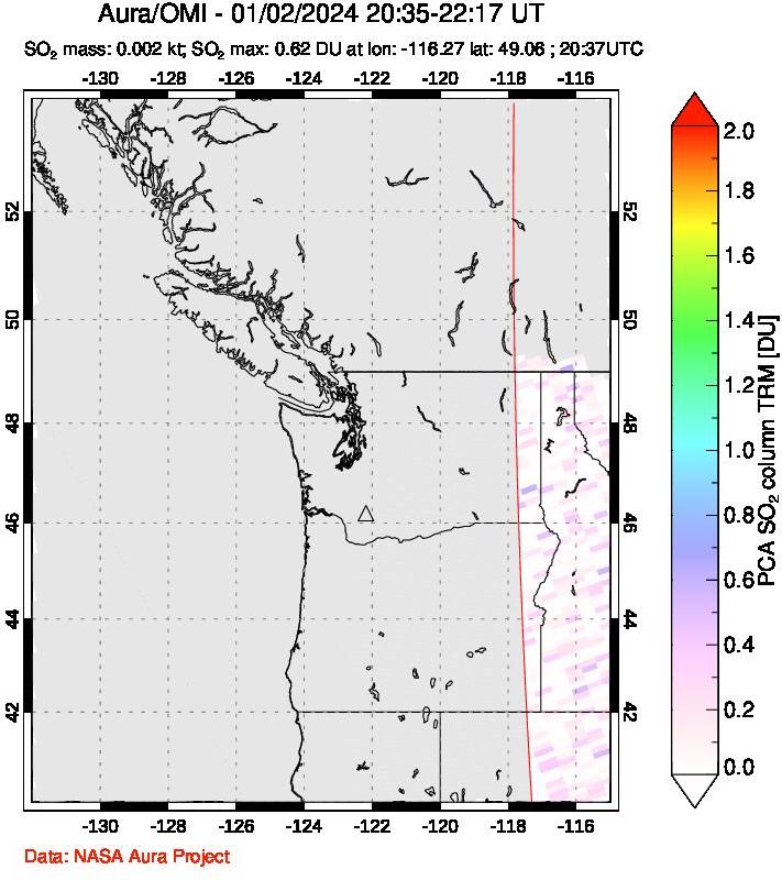 A sulfur dioxide image over Cascade Range, USA on Jan 02, 2024.