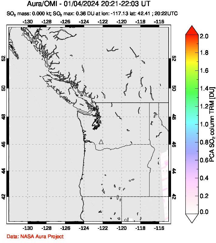 A sulfur dioxide image over Cascade Range, USA on Jan 04, 2024.